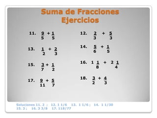 Suma de Fracciones
                  Ejercicios
       11.    9 +1                  12.      2     +   5
              5  5                           3         3

                                    14.      5     + 1
      13.     1 + 2
                                             6       5
              2   3

                                    16.      1 1   +     2 1
      15.     3+ 1
                                               8           4
              7  2

                                    18.      3 + 4
      17.    9 + 5
                                             2   3
             11  7



Soluciones 11. 2 ;   12. 1 1/6 13. 1 1/6 ;   14. 1 1/30
15. 3 ; 16. 3 3/8    17. 118/77
 