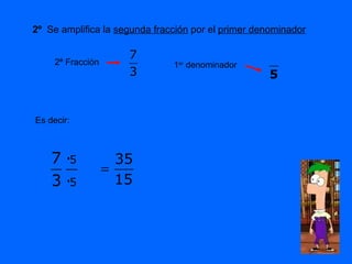 2º   Se amplifica la  segunda fracción  por el  primer denominador 2ª Fracción  1 er  denominador Es decir: 