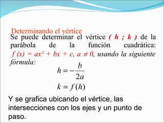 Determinando el vértice <ul><li>Se puede determinar el vértice  ( h ; k )  de la parábola de la función cuadrática:   f (x...
