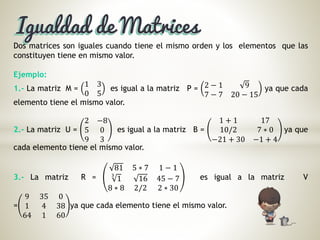 Dos matrices son iguales cuando tiene el mismo orden y los elementos que las
constituyen tiene en mismo valor.
Ejemplo:
1.- La matriz M =
1 3
0 5
es igual a la matriz P = 2 − 1 9
7 − 7 20 − 15
ya que cada
elemento tiene el mismo valor.
2.- La matriz U =
2 −8
5 0
9 3
es igual a la matriz B =
1 + 1 17
10/2 7 ∗ 0
−21 + 30 −1 + 4
ya que
cada elemento tiene el mismo valor.
3.- La matriz R =
81 5 ∗ 7 1 − 1
3
1 16 45 − 7
8 ∗ 8 2/2 2 ∗ 30
es igual a la matriz V
=
9 35 0
1 4 38
64 1 60
ya que cada elemento tiene el mismo valor.
 