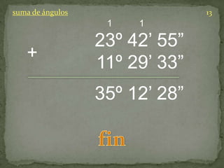 23º 42’ 55”
11º 29’ 33”
+
35º 12’ 28”
suma de ángulos 13
11
 