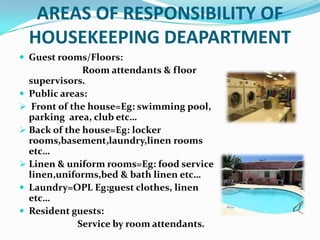 IMPORTANCE OF HOUSEKEEPING IN AN HOTELHousekeeping is the department that deals essentially with cleanliness and all ancillary service attached to that.