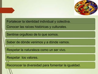 Fortalecer la identidad individual y colectiva.
Conocer las raíces históricas y culturales.
Sentirse orgulloso de lo que somos.
Saber de dónde venimos y a dónde vamos.
Respetar la naturaleza como un ser vivo.
Respetar los valores.
Reconocer la diversidad para fomentar la igualdad.
 
