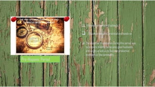 Pre-Hispanic Period
❑ Filipinos had no formal schools.
❑ Education was oral, practical and hands-on
❑ The objective of education during this period was
to prepare children to become good husbands
and wives as well as to become productive
members of the community.
 