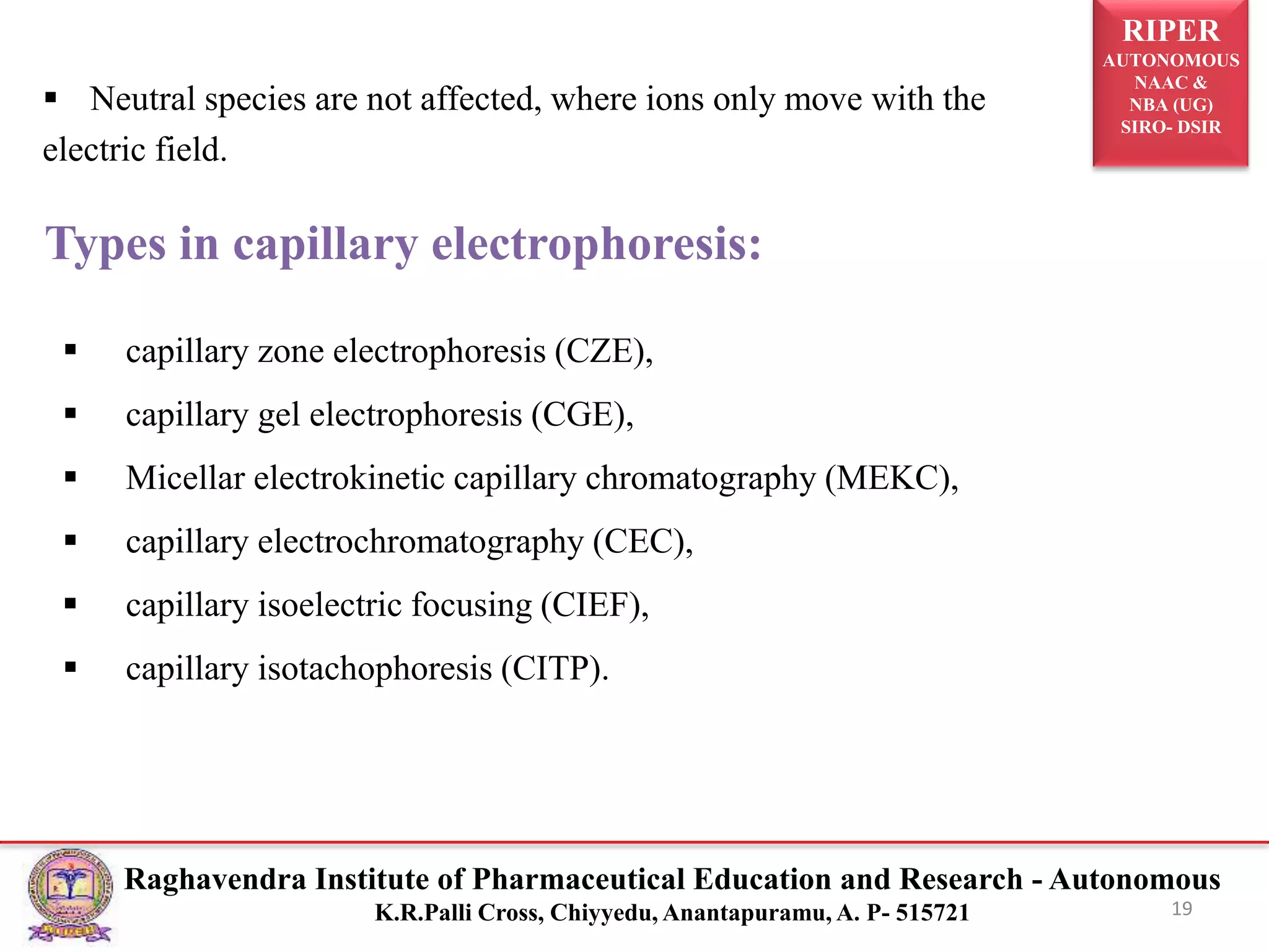 RIPER
AUTONOMOUS
NAAC &
NBA (UG)
SIRO- DSIR
Raghavendra Institute of Pharmaceutical Education and Research - Autonomous
K.R.Palli Cross, Chiyyedu, Anantapuramu, A. P- 515721 19
 Neutral species are not affected, where ions only move with the
electric field.
Types in capillary electrophoresis:
 capillary zone electrophoresis (CZE),
 capillary gel electrophoresis (CGE),
 Micellar electrokinetic capillary chromatography (MEKC),
 capillary electrochromatography (CEC),
 capillary isoelectric focusing (CIEF),
 capillary isotachophoresis (CITP).
 