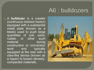  A bulldozer is a crawler
(continuous tracked tractor)
equipped with a substantial
metal plate (known as a
blade) used to push large
quantities of soil, sand,
rubble, or other such
material during
construction or conversion
work and typically
equipped at the rear with a
claw-like device (known as
a ripper) to loosen densely-
compacted materials.
 