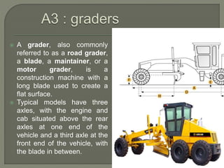  A grader, also commonly
referred to as a road grader,
a blade, a maintainer, or a
motor grader, is a
construction machine with a
long blade used to create a
flat surface.
 Typical models have three
axles, with the engine and
cab situated above the rear
axles at one end of the
vehicle and a third axle at the
front end of the vehicle, with
the blade in between.
 