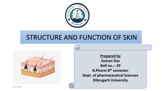 STRUCTURE AND FUNCTION OF SKIN
Prepared by
Suman Das
Roll no.:- 29
B.Pharm 8th semester
Dept. of pharmaceutical Sciences
Dibrugarh University
30-05-2022 1
 