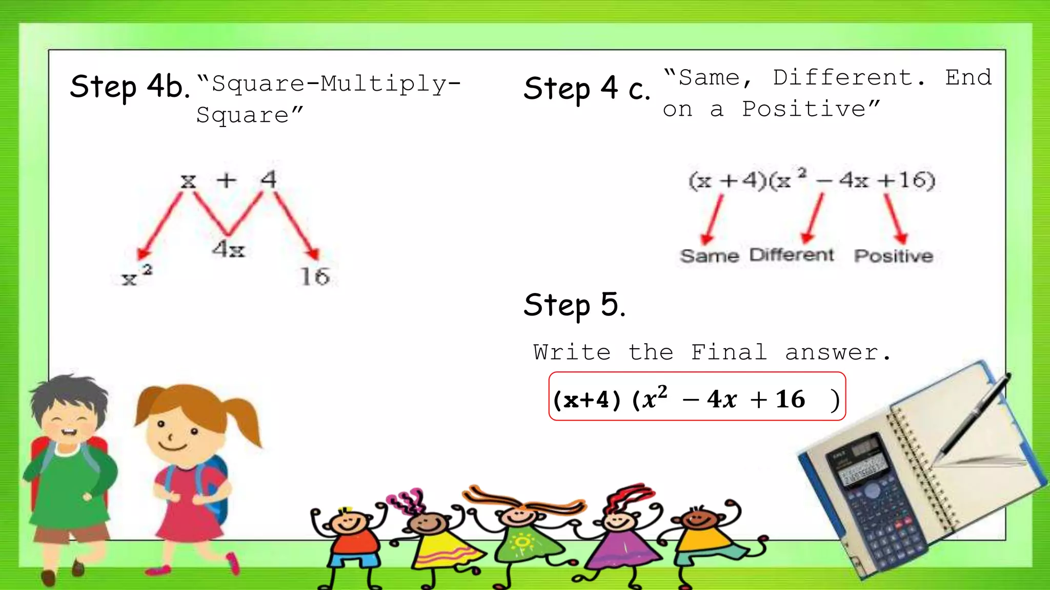 Step 4b.“Square-Multiply-
Square”
Step 4 c. “Same, Different. End
on a Positive”
Step 5.
Write the Final answer.
(x+4)(𝒙 𝟐 − 𝟒𝒙 + 𝟏𝟔 )
 