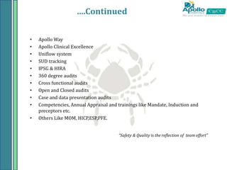 ….Continued
• Apollo Way
• Apollo Clinical Excellence
• Uniflow system
• SUD tracking
• IPSG & HIRA
• 360 degree audits
• Cross functional audits
• Open and Closed audits
• Case and data presentation audits
• Competencies, Annual Appraisal and trainings like Mandate, Induction and
preceptors etc.
• Others Like MOM, HICP,ESP,PFE.
“Safety & Quality is the reflection of team effort”
 