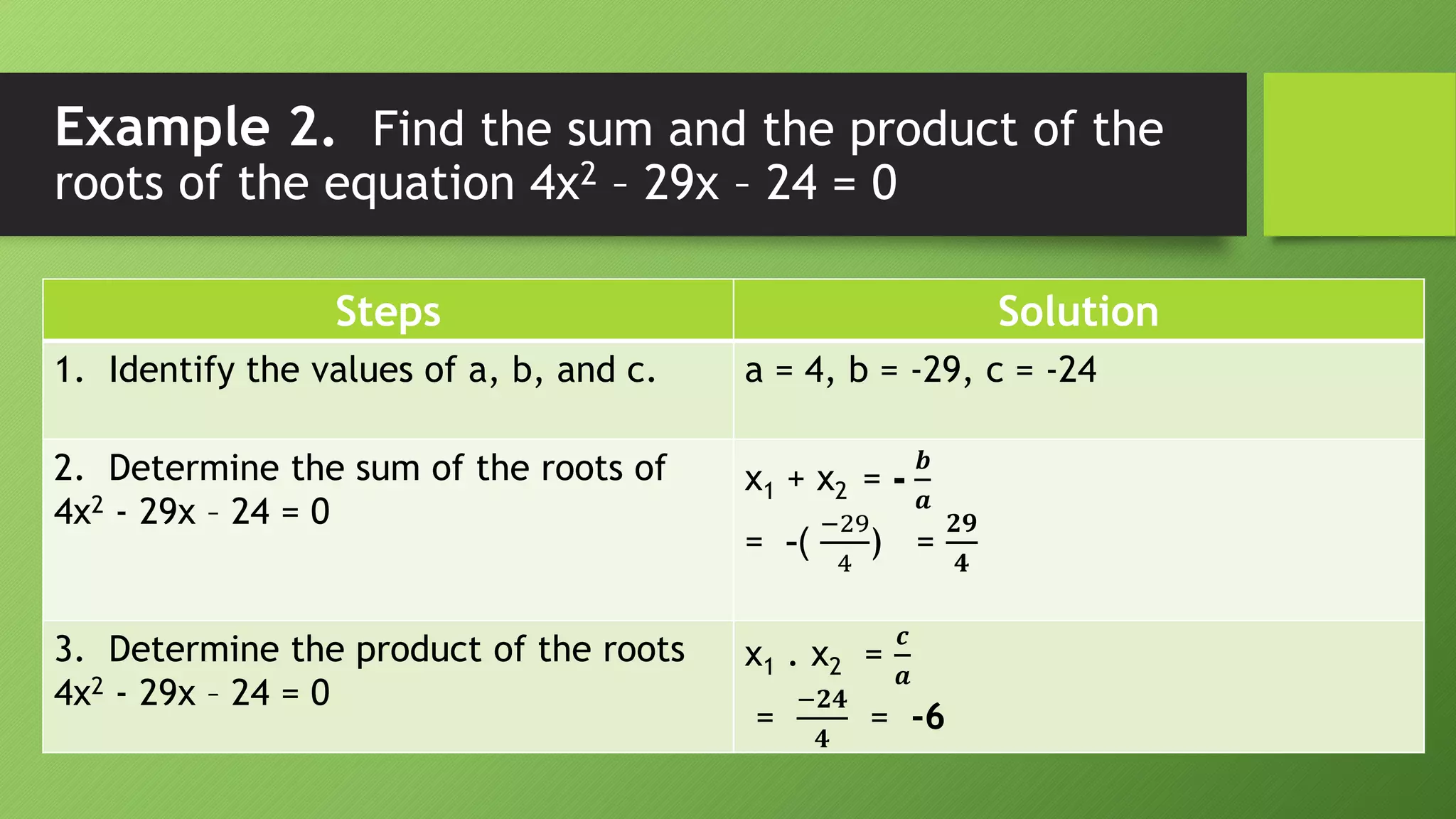 Sum and product of the roots of a | PPT