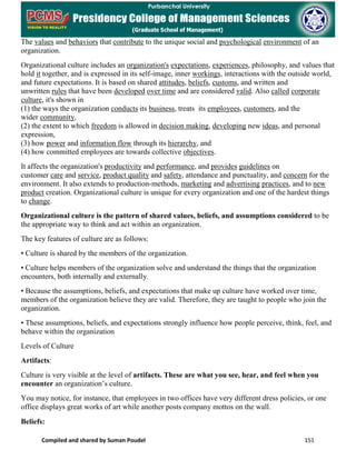 Compiled and shared by Suman Poudel 151
The values and behaviors that contribute to the unique social and psychological environment of an
organization.
Organizational culture includes an organization's expectations, experiences, philosophy, and values that
hold it together, and is expressed in its self-image, inner workings, interactions with the outside world,
and future expectations. It is based on shared attitudes, beliefs, customs, and written and
unwritten rules that have been developed over time and are considered valid. Also called corporate
culture, it's shown in
(1) the ways the organization conducts its business, treats its employees, customers, and the
wider community,
(2) the extent to which freedom is allowed in decision making, developing new ideas, and personal
expression,
(3) how power and information flow through its hierarchy, and
(4) how committed employees are towards collective objectives.
It affects the organization's productivity and performance, and provides guidelines on
customer care and service, product quality and safety, attendance and punctuality, and concern for the
environment. It also extends to production-methods, marketing and advertising practices, and to new
product creation. Organizational culture is unique for every organization and one of the hardest things
to change.
Organizational culture is the pattern of shared values, beliefs, and assumptions considered to be
the appropriate way to think and act within an organization.
The key features of culture are as follows:
• Culture is shared by the members of the organization.
• Culture helps members of the organization solve and understand the things that the organization
encounters, both internally and externally.
• Because the assumptions, beliefs, and expectations that make up culture have worked over time,
members of the organization believe they are valid. Therefore, they are taught to people who join the
organization.
• These assumptions, beliefs, and expectations strongly influence how people perceive, think, feel, and
behave within the organization
Levels of Culture
Artifacts:
Culture is very visible at the level of artifacts. These are what you see, hear, and feel when you
encounter an organization’s culture.
You may notice, for instance, that employees in two offices have very different dress policies, or one
office displays great works of art while another posts company mottos on the wall.
Beliefs:
 