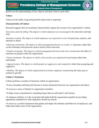 Compiled and shared by Suman Poudel 152
Beliefs are the understandings of how objects and ideas relate to each other.
Values:
Values are the stable, long-lasting beliefs about what is important.
Characteristics of Culture
Research suggests that seven primary characteristics capture the essence of an organization’s culture.
Innovation and risk-taking. The degree to which employees are encouraged to be innovative and take
risks.
Attention to detail. The degree to which employees are expected to work with precision, analysis, and
attention to detail.
• Outcome orientation. The degree to which management focuses on results, or outcomes, rather than
on the techniques and processes used to achieve these outcomes.
• People orientation. The degree to which management decisions take into consideration the effect of
outcomes on people within the organization.
• Team orientation. The degree to which work activities are organized around teams rather than
individuals.
• Aggressiveness. The degree to which people are aggressive and competitive rather than easygoing and
supportive.
• Stability. The degree to which organizational activities emphasize maintaining the status quo in
contrast to growth.
Culture’s Functions
Culture performs a number of functions within an organization:
• It has a boundary-defining role because it creates distinction between one organization and others.
• It conveys a sense of identity to organization members.
• It helps create commitment to something larger than an individual’s self-interest.
• It enhances stability; it is the social glue that helps hold the organization together by providing
appropriate standards for what employees should say and do.
• It serves as a control mechanism that guides and shapes the attitudes and behavior of employees, and
helps them make sense of the organization
 