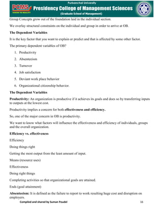 Compiled and shared by Suman Poudel 16
Group Concepts grow out of the foundation laid in the individual section.
We overlay structural constraints on the individual and group in order to arrive at OB.
The Dependent Variables
It is the key factor that you want to explain or predict and that is affected by some other factor.
The primary dependent variables of OB?
1. Productivity
2. Absenteeism
3. Turnover
4. Job satisfaction
5. Deviant work place behavior
6. Organizational citizenship behavior.
The Dependent Variables
Productivity: An organization is productive if it achieves its goals and does so by transferring inputs
to outputs at the lowest cost.
Productivity implies a concern for both effectiveness and efficiency.
So, one of the major concern in OB is productivity.
We want to know what factors will influence the effectiveness and efficiency of individuals, groups
and the overall organization.
Efficiency vs. effectiveness
Efficiency
Doing things right
Getting the most output from the least amount of input.
Means (resource uses)
Effectiveness
Doing right things
Completing activities so that organizational goals are attained.
Ends (goal attainment)
Absenteeism: It is defined as the failure to report to work resulting huge cost and disruption on
employers.
 