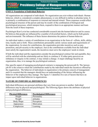 Compiled and shared by Suman Poudel 22
UNIT-2: Foundation of Individual Behavior
All organizations are composed of individuals. No organization can exist without individuals. Human
behavior, which is; considered a complex phenomenon, is very difficult to define in absolute terms. It
is primarily a combination of responses to external and internal stimuli. These responses would reflect
psychological structure of the person and may be results' of the combination of biological and
psychological processes, which interpret them, respond to them in an appropriate manner and learn
from the result of these responses.
Psychologist Kurt Levin has conducted considerable research into the human behavior and its causes.
He believes that people are influenced by a number of diversified factors, which can be both genetic
and environmental. The influence of these factors determines the pattern of human behavior.
An individual makes a variety of contributions to an organization in the form of—efforts, skills, ability,
time, loyalty and so forth. These contributions presumably satisfy various needs and requirements of
the organization. In return for contributions, the organization provides incentives such as pay,
promotion, and job security to the employee. Just as the contributions available from the individual
must satisfy the organization's needs, the incentives must serve the employees' needs in return.
If both the individual and the organization consider the psychological contract fair and equitable, they
will be satisfied with the relationship and are likely to continue it. If either party perceives an
imbalance or iniquity in the contract, it may initiate a change. A major challenge faced by an
organization, thus, is to manage the psychological contracts.
One specific aspect of managing psychological contracts is managing the person-job fit. The 'person-
job fit' is the extent to which the contributions made by the individual match the incentives offered by
the organization. The behavior of individuals in organization is the primary concern of management
and it is essential that the managers should have an understanding of the factors influencing the
behavior of the employees they manage. The figure 5.1 identifies five sets of factors that have an
impact upon individual behavior in organizations.
NATURE OF INDIVIDUAL DIFFERENCES
Individual differences are personal attributes that vary from one person to another. Individual
differences may be physical and psychological. The following figure shows the attributes of physical
and psychological differences.
Physical Differences Psychological Differences
Height Personality
Weight attitudes
Body Shape Perception
Appearance Motivation
Complexion Learning
 