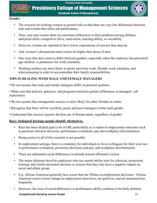 Compiled and shared by Suman Poudel 27
Gender
• The research on working women in general tells us that there are very few differences between
men and women that affect job performance.
• Thus, men and women show no consistent differences in their problem-solving abilities,
analytical skills, competitive drive, motivation, learning ability, or sociability.
• However, women are reported to have lower expectations of success than men do.
• And, women’s absenteeism rates tend to be higher than those of men.
• One issue that does seem to differ between genders, especially when the employee has preschool
age children, is preference for work schedules.
• Working mothers are more likely to prefer part-time work, flexible work schedules, and
telecommuting in order to accommodate their family responsibilities.
TIPS IN DEALING WITH MALE AND FEMALE MANAGERS
• Do not assume that male and female managers differ in personal qualities.
• Make sure that policies, practices, and programs minimize gender differences in managers’ job
experiences.
• Do not assume that management success is more likely for either females or males.
• Recognize that there will be excellent, good, and poor managers within each gender.
• Understand that success requires the best use of human talent, regardless of gender.
Race: biological heritage people identify themselves.
• Race has been studied quite a bit in OB, particularly as it relates to employment outcomes such
as personal selection decisions, performance evaluation, pay and workplace discrimination.
• Doing justice to all of this research is not possible.
• In employment settings, there is a tendency for individuals to favor colleagues for their won race
in performance evaluation, promotion decisions and pay, and workplace discrimination.
• There are substantial racial differences in attitude toward affirmative action.
• The major dilemma faced by employers who use mental ability tests for selection, promotion,
training, and similar personnel decision is concern that they may have a negative impact on
racial and ethnic group.
• E.g. African American generally face worse than the Whites in employment decisions– African
American receive lower ratings in employment interviews, are paid less, and are promoted less
frequently.
• However, the issue of racial differences in performance ability continue to be hotly debated.
 