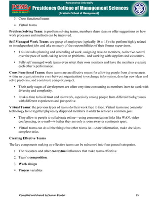 Compiled and shared by Suman Poudel 85
3. Cross functional teams
4. Virtual teams
Problem Solving Team: in problem solving teams, members share ideas or offer suggestions on how
work processes and methods can be improved.
Self Managed Work Teams: are group of employees (typically 10 to 15) who perform highly related
or interdependent jobs and take on many of the responsibilities of their former supervisors.
• This includes planning and scheduling of work, assigning tasks to members, collective control
over the pace of work, taking action on problems, and working with suppliers and customers.
• Fully self managed work teams even select their own members and have the members evaluate
each other’s performance.
Cross Functional Teams: these teams are an effective means for allowing people from diverse areas
within an organization (or even between organization) to exchange information, develop new ideas and
solve problems, and coordinate complex project.
• Their early stages of development are often very time consuming as members learn to work with
diversity and complexity.
• It takes time to build trust and teamwork, especially among people from different backgrounds
with different experiences and perspective.
Virtual Teams: the previous types of teams do their work face to face. Virtual teams use computer
technology to tie together physically dispersed members in order to achieve a common goal.
• They allow to people to collaborate online—using communication links like WAN, video
conferencing, or e-mail—whether they are only a room away or continents apart.
• Virtual teams can do all the things that other teams do—share information, make decisions,
complete tasks.
Creating Effective Teams
The key components making up effective teams can be subsumed into four general categories.
1. The resources and other contextual influences that make teams effective.
2. Team’s composition.
3. Work design
4. Process variables
 