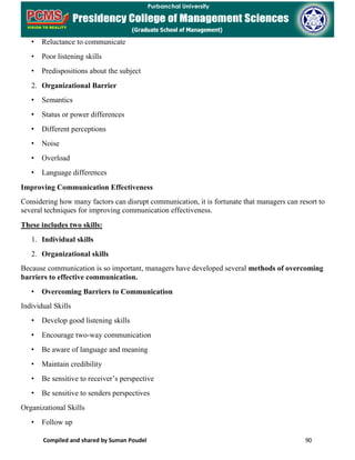 Compiled and shared by Suman Poudel 90
• Reluctance to communicate
• Poor listening skills
• Predispositions about the subject
2. Organizational Barrier
• Semantics
• Status or power differences
• Different perceptions
• Noise
• Overload
• Language differences
Improving Communication Effectiveness
Considering how many factors can disrupt communication, it is fortunate that managers can resort to
several techniques for improving communication effectiveness.
These includes two skills:
1. Individual skills
2. Organizational skills
Because communication is so important, managers have developed several methods of overcoming
barriers to effective communication.
• Overcoming Barriers to Communication
Individual Skills
• Develop good listening skills
• Encourage two-way communication
• Be aware of language and meaning
• Maintain credibility
• Be sensitive to receiver’s perspective
• Be sensitive to senders perspectives
Organizational Skills
• Follow up
 