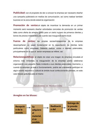 Publicidad: con el propósito de dar a conocer la empresa ser necesario diseñar
una campaña publicitaria en medios de comunicación, así como realizar también
buzoneo en la zona donde estará la organización

Promoción de ventas: al objeto de incentivar la demanda en un primer
momento será necesario diseñar actividades concretas de promoción de ventas
tales como oferta de arreglos gratis para un cierto numero de primeros clientes y
bonos de precios másbaratos par cuando sea inaugurado dicho local.

Fuerza

de

ventas: las propias socias/trabajadoras de la empresa

desempeñaran un papel fundamental en la capacitación de clientes tanto
particulares como empresas. Deberán realizar visitas a clientes potenciales,
principalmente en lo que al sector empresas se refiere, así

Relacionespúblicas: al objeto de crear una imagen de empresa vinculada al
entorno más inmediato, la inauguración de la empresa podría celebrarse
organizando una pequeña fiesta invitando a sus clientes potenciales. Asimismo, y
cuando la empresa ya este e funcionamiento, podría ser interesante participar en
algún evento deportivo o cultural de ámbito local confeccionando prendas, en este
caso blusas gratuitas para el mismo

DIAGRAMAS DE PRODUCCIÓN:

Arreglos en las blusas:

Recepció
n de la
prenda

Se
adquiere
el
material,
si es
posible

Realizació
n del
trabajo

Entrega de
la prenda
al cliente

 