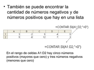 También se puede encontrar la cantidad de números negativos y de números positivos que hay en una lista En el rango de celdas A1:D2 hay cinco números positivos (mayores que cero) y tres números negativos (menores que cero)