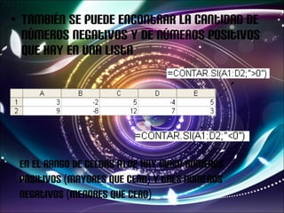 También se puede encontrar la cantidad de números negativos y de números positivos que hay en una lista En el rango de celdas A1:D2 hay cinco números positivos (mayores que cero) y tres números negativos (menores que cero) 