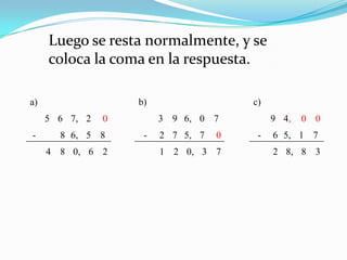 Luego se resta normalmente, y se coloca la coma en la respuesta.