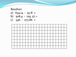 Resolver:a) 634,14 - 97,8 = 508,4 - 129, 57 = 346 - 277,86 =