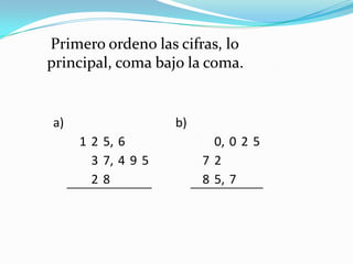 Primero ordeno las cifras, lo principal, coma bajo la coma.
