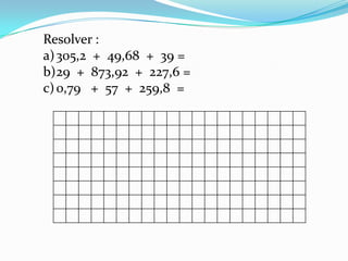 Resolver :305,2 + 49,68 + 39 =29 + 873,92 + 227,6 =0,79 + 57 + 259,8 =