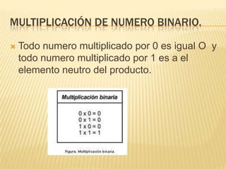 MULTIPLICACIÓN DE NUMERO BINARIO.

   Todo numero multiplicado por 0 es igual O y
    todo numero multiplicado por 1 es a el
    elemento neutro del producto.
 
