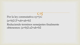 
Por la ley conmutativa xy=yx:
(a+b)2-2ª+ab+ab+b2
Reduciendo terminos semejantes finalmente
obtenemos: (a+b)2-a2+ab+b2
 