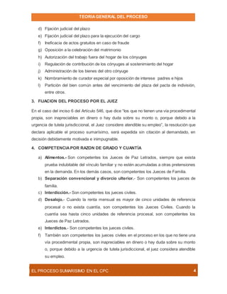 TEORIAGENERAL DEL PROCESO
EL PROCESO SUMARÍSIMO EN EL CPC 4
d) Fijación judicial del plazo
e) Fijación judicial del plazo para la ejecución del cargo
f) Ineficacia de actos gratuitos en caso de fraude
g) Oposición a la celebración del matrimonio
h) Autorización del trabajo fuera del hogar de los cónyuges
i) Regulación de contribución de los cónyuges al sostenimiento del hogar
j) Administración de los bienes del otro cónyuge
k) Nombramiento de curador especial por oposición de interese padres e hijos
l) Partición del bien común antes del vencimiento del plaza del pacta de indivisión,
entre otros.
3. FIJACION DEL PROCESO POR EL JUEZ
En el caso del inciso 6 del Artículo 546, que dice “los que no tienen una vía procedimental
propia, son inapreciables en dinero o hay duda sobre su monto o, porque debido a la
urgencia de tutela jurisdiccional, el Juez considere atendible su empleo”, la resolución que
declara aplicable el proceso sumarísimo, será expedida sin citación al demandado, en
decisión debidamente motivada e inimpugnable.
4. COMPETENCIAPOR RAZON DE GRADO Y CUANTÍA
a) Alimentos.- Son competentes los Jueces de Paz Letrados, siempre que exista
prueba indubitable del vínculo familiar y no estén acumuladas a otras pretensiones
en la demanda. En los demás casos, son competentes los Jueces de Familia.
b) Separación convencional y divorcio ulterior.- Son competentes los jueces de
familia.
c) Interdicción.- Son competentes los jueces civiles.
d) Desalojo.- Cuando la renta mensual es mayor de cinco unidades de referencia
procesal o no exista cuantía, son competentes los Jueces Civiles. Cuando la
cuantía sea hasta cinco unidades de referencia procesal, son competentes los
Jueces de Paz Letrados.
e) Interdictos.- Son competentes los jueces civiles.
f) También son competentes los jueces civiles en el proceso en los que no tiene una
vía procedimental propia, son inapreciables en dinero o hay duda sobre su monto
o, porque debido a la urgencia de tutela jurisdiccional, el juez considera atendible
su empleo.
 