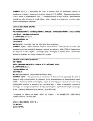 2
SUMÁRIO: SEÇÃO 1 – Planejamento em saúde: os aspectos gerais do planejamento; métodos de
planejamento em saúde; o planejamento estratégico situacional (PES). SEÇÃO 2 – Diagnóstico situacional em
saúde: o método da estimativa rápida. SEÇÃO 3 – Elaboração do plano de ação. SEÇÃO 4 – Monitoramento e
avaliação das ações de saúde na atenção básica à saúde: avaliação e monitoramento: conceitos; modelo
teórico ou modelo lógico. Referências.
UNIDADE DIDÁTICA I: GRUPO 1
DIP MED526
PRÁTICAS EDUCATIVAS NA ATENÇÃO BÁSICA À SAÚDE – TECNOLOGIAS PARA A ABORDAGEM AO
INDIVÍDUO, FAMÍLIA E COMUNIDADE
CLASSIFICAÇÃO: Obrigatória
CARGA HORÁRIA: 30h
CRÉDITOS: 2
AUTORES: Mara Vasconcelos, Maria José Cabral Grillo, Sônia Maria Soares
SUMÁRIO: SEÇÃO 1 – Práticas educativas em saúde: contextualizando a prática educativa em saúde: quem
aprende e quem ensina; aprendendo a aprender; educação permanente em saúde; SEÇÃO 2 – Bases teóricas
de uma práxis educativa. SEÇÃO 3 – Tecnologias para a abordagem ao individuo, família e comunidade:
acolhimento, o trabalho com grupos, visita domiciliar, consulta.
UNIDADE DIDÁTICA II: GRUPO 2 – A
DIP MED501
SAÚDE DA CRIANÇA E DO ADOLESCENTE: AÇÕES BÁSICAS À SAÚDE*
CLASSIFICAÇÃO: Optativa
CARGA HORÁRIA: 60h
CRÉDITOS: 4
AUTORES: Cláudia Regina Lindgren Alves, Zeína Soares Moulin
SUMÁRIO: SEÇÃO 1 – Acompanhamento do crescimento e do desenvolvimento: organização das ações da
equipe de saúde; acompanhamento do crescimento infantil; acompanhamento do desenvolvimento infantil.
SEÇÃO 2 – Aleitamento infantil: recomendações a respeito da alimentação para crianças de zero a seis meses;
recomendações a respeito da alimentação para crianças de seis a 12 meses; recomendações a respeito da
alimentação para crianças no segundo ano de vida; recomendações a respeito da alimentação para crianças
de dois a cinco anos; suplementação de vitaminas e ferro. Referências.
*corresponde ao Caderno de Estudo SAÚDE DA CRIANÇA E DO ADOLESCENTE: CRESCIMENTO,
DESENVOLVIMENTO E ALIMENTAÇÃO
UNIDADE DIDÁTICA II: GRUPO 2 – A
DIP MED517
SAÚDE MENTAL
 