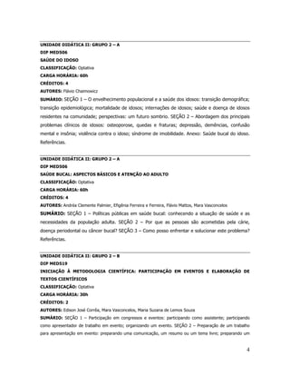4
UNIDADE DIDÁTICA II: GRUPO 2 – A
DIP MED506
SAÚDE DO IDOSO
CLASSIFICAÇÃO: Optativa
CARGA HORÁRIA: 60h
CRÉDITOS: 4
AUTORES: Flávio Chaimowicz
SUMÁRIO: SEÇÃO 1 – O envelhecimento populacional e a saúde dos idosos: transição demográfica;
transição epidemiológica; mortalidade de idosos; internações de idosos; saúde e doença de idosos
residentes na comunidade; perspectivas: um futuro sombrio. SEÇÃO 2 – Abordagem dos principais
problemas clínicos de idosos: osteoporose, quedas e fraturas; depressão, demências, confusão
mental e insônia; violência contra o idoso; síndrome de imobilidade. Anexo: Saúde bucal do idoso.
Referências.
UNIDADE DIDÁTICA II: GRUPO 2 – A
DIP MED506
SAÚDE BUCAL: ASPECTOS BÁSICOS E ATENÇÃO AO ADULTO
CLASSIFICAÇÃO: Optativa
CARGA HORÁRIA: 60h
CRÉDITOS: 4
AUTORES: Andréa Clemente Palmier, Efigênia Ferreira e Ferreira, Flávio Mattos, Mara Vasconcelos
SUMÁRIO: SEÇÃO 1 – Políticas públicas em saúde bucal: conhecendo a situação de saúde e as
necessidades da população adulta. SEÇÃO 2 – Por que as pessoas são acometidas pela cárie,
doença periodontal ou câncer bucal? SEÇÃO 3 – Como posso enfrentar e solucionar este problema?
Referências.
UNIDADE DIDÁTICA II: GRUPO 2 – B
DIP MED519
INICIAÇÃO À METODOLOGIA CIENTÍFICA: PARTICIPAÇÃO EM EVENTOS E ELABORAÇÃO DE
TEXTOS CIENTÍFICOS
CLASSIFICAÇÃO: Optativa
CARGA HORÁRIA: 30h
CRÉDITOS: 2
AUTORES: Edison José Corrêa, Mara Vasconcelos, Maria Suzana de Lemos Souza
SUMÁRIO: SEÇÃO 1 – Participação em congressos e eventos: participando como assistente; participando
como apresentador de trabalho em evento; organizando um evento. SEÇÃO 2 – Preparação de um trabalho
para apresentação em evento: preparando uma comunicação, um resumo ou um tema livre; preparando um
 