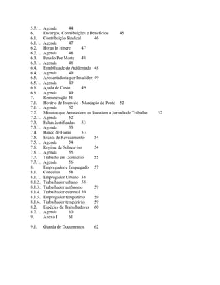 5.7.1.   Agenda          44
6.       Encargos, Contribuições e Benefícios     45
6.1.     Contribuição Sindical        46
6.1.1.   Agenda          47
6.2.     Horas In Itinere      47
6.2.1.   Agenda          48
6.3.     Pensão Por Morte      48
6.3.1.   Agenda          48
6.4.     Estabilidade do Acidentado 48
6.4.1.   Agenda          49
6.5.     Aposentadoria por Invalidez 49
6.5.1.   Agenda          49
6.6.     Ajuda de Custo        49
6.6.1.   Agenda          49
7.       Remuneração 51
7.1.     Horário de Intervalo - Marcação de Ponto 52
7.1.1.   Agenda          52
7.2.     Minutos que Antecedem ou Sucedem a Jornada de Trabalho   52
7.2.1.   Agenda          52
7.3.     Faltas Justificadas   53
7.3.1.   Agenda          53
7.4.     Banco de Horas        53
7.5.     Escala de Revezamento        54
7.5.1.   Agenda          54
7.6.     Regime de Sobreaviso         54
7.6.1.   Agenda          55
7.7.     Trabalho em Domicílio        55
7.7.1.   Agenda          56
8.       Empregador e Empregado 57
8.1.     Conceitos       58
8.1.1.   Empregador Urbano 58
8.1.2.   Trabalhador urbano 58
8.1.3.   Trabalhador autônomo         59
8.1.4.   Trabalhador eventual 59
8.1.5.   Empregador temporário        59
8.1.6.   Trabalhador temporário       59
8.2.     Espécies de Trabalhadores 60
8.2.1.   Agenda          60
9.       Anexo I         61

9.1.     Guarda de Documentos      62
 