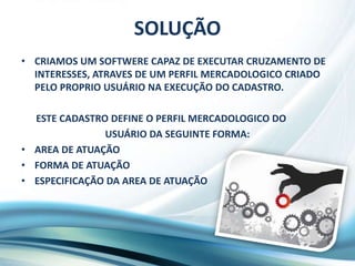 SOLUÇÃOCRIAMOS UM SOFTWERE CAPAZ DE EXECUTAR CRUZAMENTO DE INTERESSES, ATRAVES DE UM PERFIL MERCADOLOGICO CRIADO PELO PROPRIO USUÁRIO NA EXECUÇÃO DO CADASTRO.       ESTE CADASTRO DEFINE O PERFIL MERCADOLOGICO DO USUÁRIO DA SEGUINTE FORMA:AREA DE ATUAÇÃOFORMA DE ATUAÇÃOESPECIFICAÇÃO DA AREA DE ATUAÇÃO