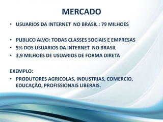 MERCADOUSUARIOS DA INTERNET  NO BRASIL : 79 MILHOESPUBLICO ALVO: TODAS CLASSES SOCIAIS E EMPRESAS 5% DOS USUARIOS DA INTERNET  NO BRASIL 3,9 MILHOES DE USUARIOS DE FORMA DIRETAEXEMPLO: PRODUTORES AGRICOLAS, INDUSTRIAS, COMERCIO, EDUCAÇÃO, PROFISSIONAIS LIBERAIS.