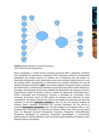 FIGURA 1: Modelo hipotético-conceitual da pesquisa
Fonte: Elaborado pelos pesquisadores

Nesta investigação, o modelo teórico conceitual apresenta BPO e Indicadores Analíticos
como preditores do desempenho competitivo. BPO, Indicadores Analíticos e Desempenho
competitivo são variáveis latentes no modelo, isto é, fenômenos que não podem ser
observados diretamente, sendo constituídos ou por outras variáveis latentes (como é o caso
das variáveis BPO e Desempenho) ou diretamente por variáveis manifestas (no caso da
variável Indicadores Analíticos). BPO é uma variável exógena, de segunda ordem, composta
por 9 dimensões ou variáveis (aqui chamadas de construtos) de primeira ordem (Liderança e
estratégia; Documentação de processos; Medição do desempenho de processos; Estrutura
organizacional; Gestão de pessoas; Cultura e valores da organização; Orientação para o
cliente; Orientação para fornecedores; Sistemas e tecnologia da informação). Estes
construtos de primeira ordem do BPO podem ser tomados como reflexivos, ou como
“recebedores” do impacto referente aos níveis de orientação para processos, por parte das
empresas. O construto Indicadores Analíticos é, por sua vez, um construto exógeno de
primeira ordem, composto diretamente por variáveis manifestas. Por fim, tem-se o
construto Desempenho Competitivo, que é de tipo endógeno e de segunda ordem, e vem
composto por 4 dimensões ou construtos de primeira ordem, para cada uma das quatro
áreas do Balanced Scorecard (Perspectiva Financeira; Perspectiva Cliente/Mercado;
Perspectiva Capacidade em processos; Perspectiva Aprendizagem e Crescimento).
Referenciadas ao modelo hipotético, foram formuladas quatro hipóteses de pesquisa, entre
hipóteses básica e secundárias:




                                                                                        6
 