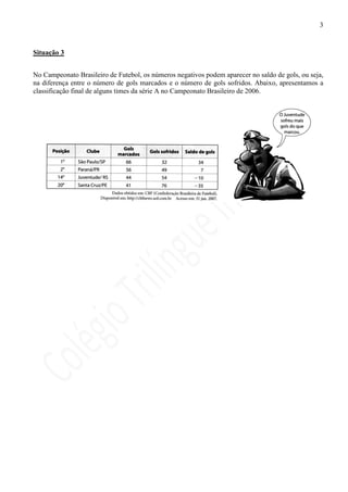 3


Situação 3


No Campeonato Brasileiro de Futebol, os números negativos podem aparecer no saldo de gols, ou seja,
na diferença entre o número de gols marcados e o número de gols sofridos. Abaixo, apresentamos a
classificação final de alguns times da série A no Campeonato Brasileiro de 2006.
 