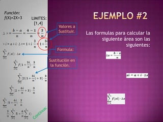Función:
f(X)=2X+3

LIMITES:
[1,4]

Valores a
Sustituir.

Formula:
Sustitución en
la función.

Las formulas para calcular la
siguiente área son las
siguientes:

 