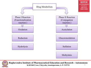 RIPER
AUTONOMOUS
NAAC &
NBA (UG)
SIRO- DSIR
Raghavendra Institute of Pharmaceutical Education and Research - Autonomous
K.R.Palli Cross, Chiyyedu, Anantapuramu, A. P- 515721 11
Drug Metabolism
Phase I Reaction
(Functionalization
reaction )
Phase II Reaction
(Conjugation
reaction )
Oxidation
Reduction
Hydrolysis
Acetylation
Methylatio
Sulfation
Glucoronoidation
 