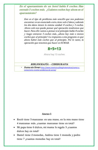 En el aparcamiento de un hotel había 8 coches. Han
entrado 5 coches más. ¿Cuántos coches hay ahora en el
aparcamiento?
Este es el tipo de problema más sencillo que nos podemos
encontrar: es un enunciado corto,tiene solo 2 datos y además
los dos datos tienen la misma unidad: 8 coches y 5 coches.
Ahora solo nos queda pensar qué operación tendremos que
hacer. Para ello vamos a pensar si al principio había 8 coches
y luego entraron 5 coches más, ¿ahora hay más o menos
coches que al principio? La respuesta a esta pregunta es que
ahora habrá más coches que al principio. Por lo tanto, la
operación que tenemos que hacer es SUMAR.
BIBLIOGRAFÍA – CIBERGRAFIA
• Suma sin llevar: https://www.smartick.es/blog/matematicas/sumas-y-
restas/como-resolver-problemas-de-sumas/
Anexo 1
 Roció tiene 3 manzanas en una mano, en la otra mano tiene
4 manzanas más. ¿cuantas manzanas tiene en total?
 Mi papa tiene 6 dulces, mi mama le regala 3 ¿cuantos
dulces hay en total?
 Daniel tiene 2 monedas, Andrea tiene 1 moneda y pedro
tiene 7 ¿cuantas monedas hay en total?
 