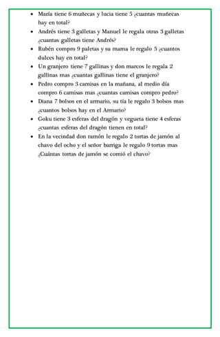  María tiene 6 muñecas y lucia tiene 5 ¿cuantas muñecas
hay en total?
 Andrés tiene 3 galletas y Manuel le regala otras 3 galletas
¿cuantas galletas tiene Andrés?
 Rubén compro 9 paletas y su mama le regalo 5 ¿cuantos
dulces hay en total?
 Un granjero tiene 7 gallinas y don marcos le regala 2
gallinas mas ¿cuantas gallinas tiene el granjero?
 Pedro compro 3 camisas en la mañana, al medio día
compro 6 camisas mas ¿cuantas camisas compro pedro?
 Diana 7 bolsos en el armario, su tía le regalo 3 bolsos mas
¿cuantos bolsos hay en el Armario?
 Goku tiene 3 esferas del dragón y vegueta tiene 4 esferas
¿cuantas esferas del dragón tienen en total?
 En la vecindad don ramón le regalo 2 tortas de jamón al
chavo del ocho y el señor barriga le regalo 9 tortas mas
¿Cuántas tortas de jamón se comió el chavo?
 