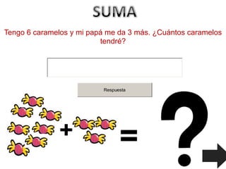 Tengo 6 caramelos y mi papá me da 3 más. ¿Cuántos caramelos
                          tendré?




                          Respuesta
 