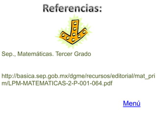 Sep., Matemáticas. Tercer Grado


http://basica.sep.gob.mx/dgme/recursos/editorial/mat_pri
m/LPM-MATEMATICAS-2-P-001-064.pdf


                                            Menú
 
