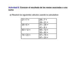 Actividad 6 : Conocer el resultado de las restas asociadas a una suma a) Resolvé los siguientes cálculos usando la calculadora 
