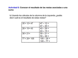 Actividad 6 : Conocer el resultado de las restas asociadas a una suma b) Usando los cálculos de la columna de la izquierda ¿podés decir cuál es el resultado de estas restas? 