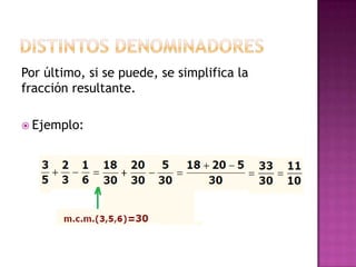 Por último, si se puede, se simplifica la
fracción resultante.
Ejemplo:
