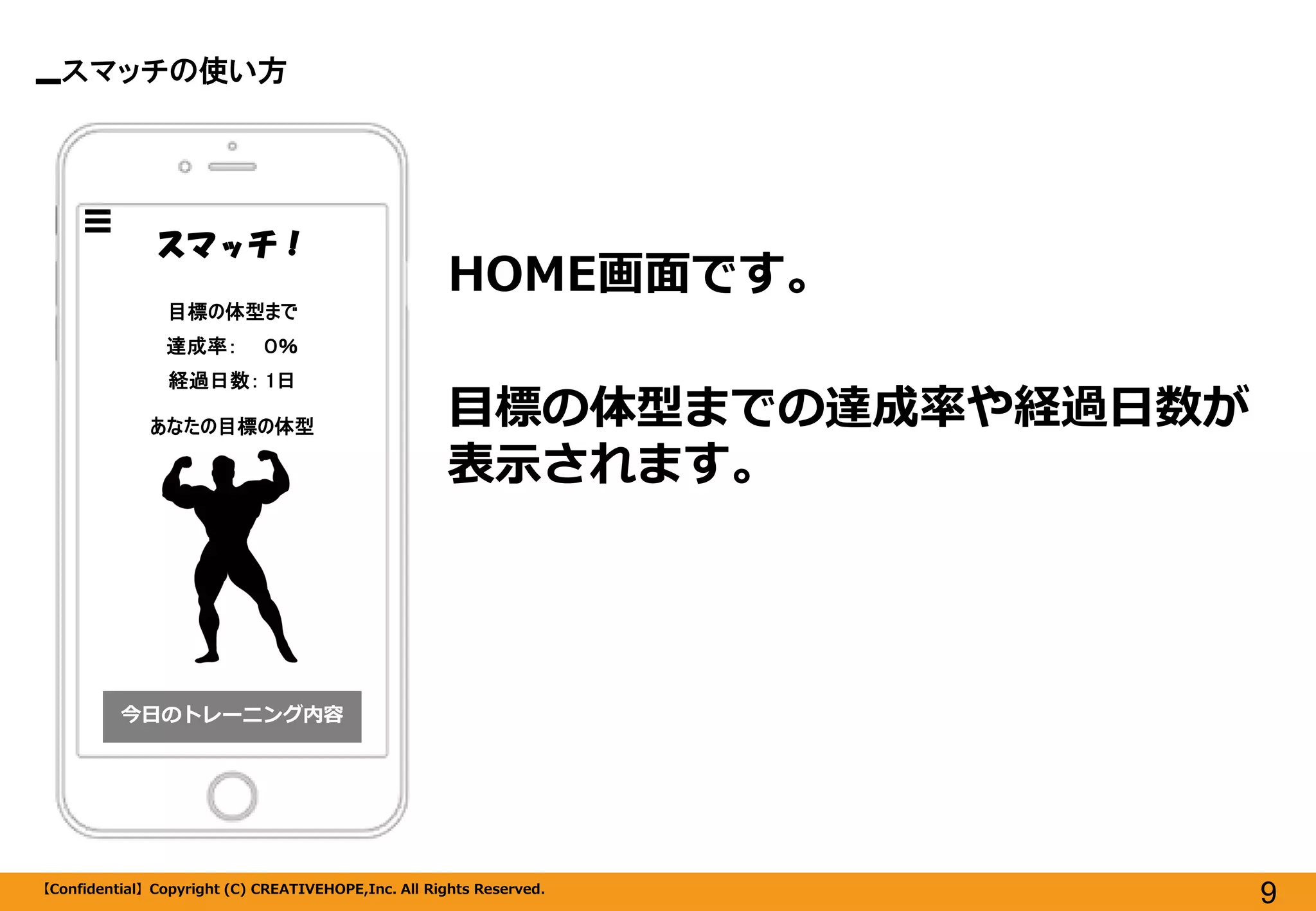 スマッチの使い方 
【Confidential】Copyright (C) CREATIVEHOPE,Inc. All Rights Reserved. 
9 
今日のトレーニング内容 
スマッチ！ 
HOME画面です。 
目標の体型までの達成率や経過日数が 表示されます。 
目標の体型まで 
達成率： ０％ 
経過日数： 1日 
あなたの目標の体型  