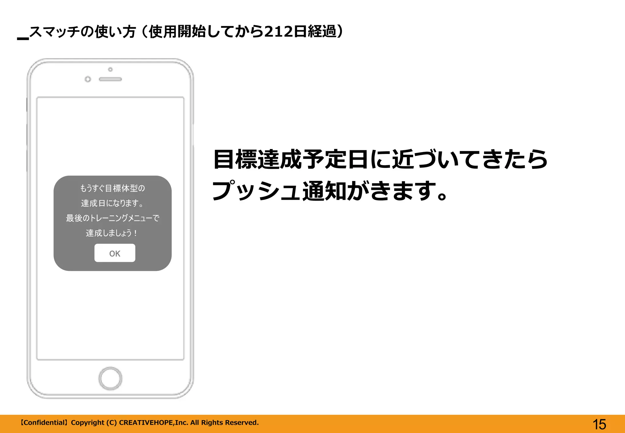 スマッチの使い方 （使用開始してから212日経過） 
【Confidential】Copyright (C) CREATIVEHOPE,Inc. All Rights Reserved. 
15 
目標達成予定日に近づいてきたら 
プッシュ通知がきます。 
もうすぐ目標体型の 
達成日になります。 
最後のトレーニングメニューで 
達成しましょう！ 
OK  